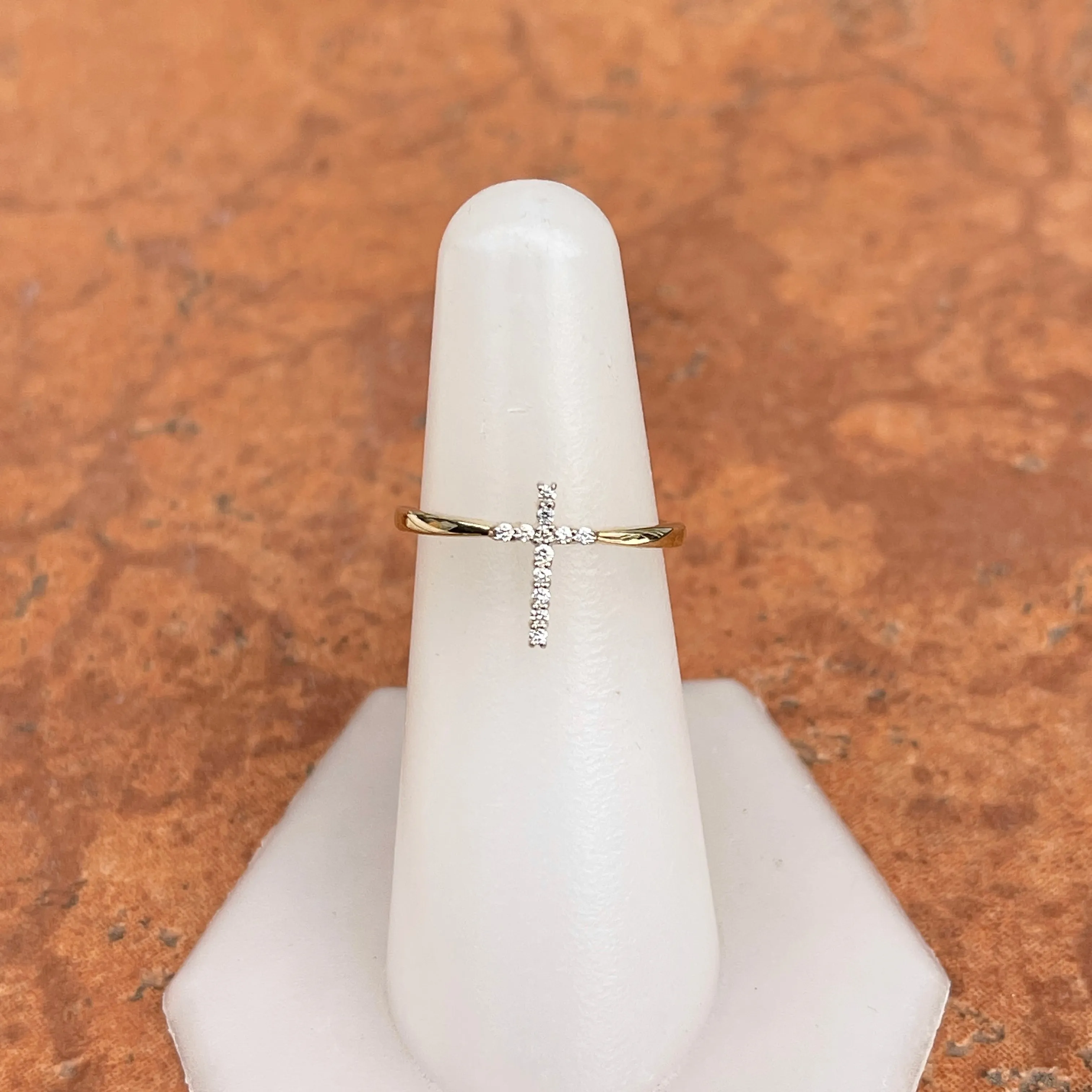 14KT Yellow Gold Pave Diamond Sleek Cross Ring