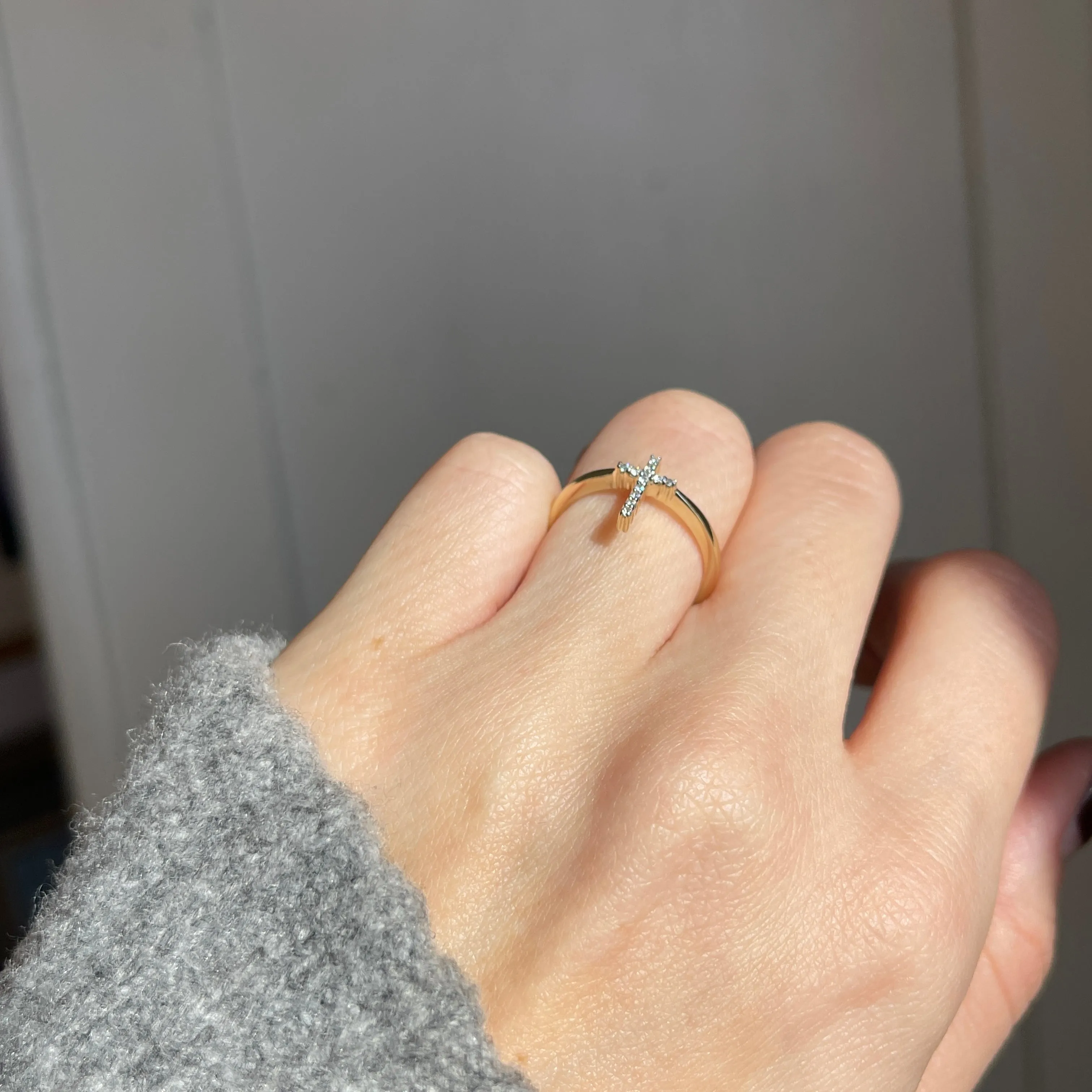14KT Yellow Gold Pave Diamond Sleek Cross Ring