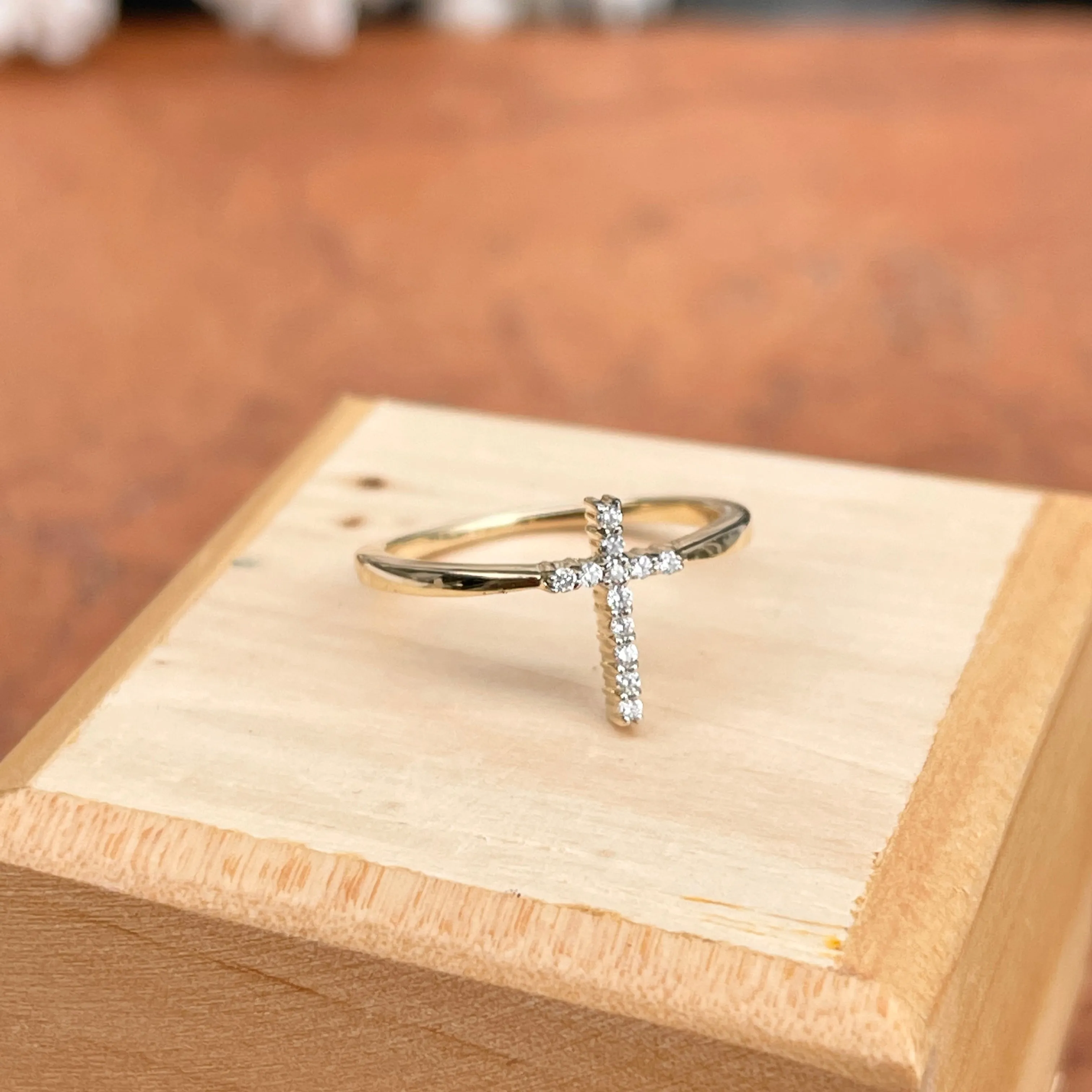 14KT Yellow Gold Pave Diamond Sleek Cross Ring