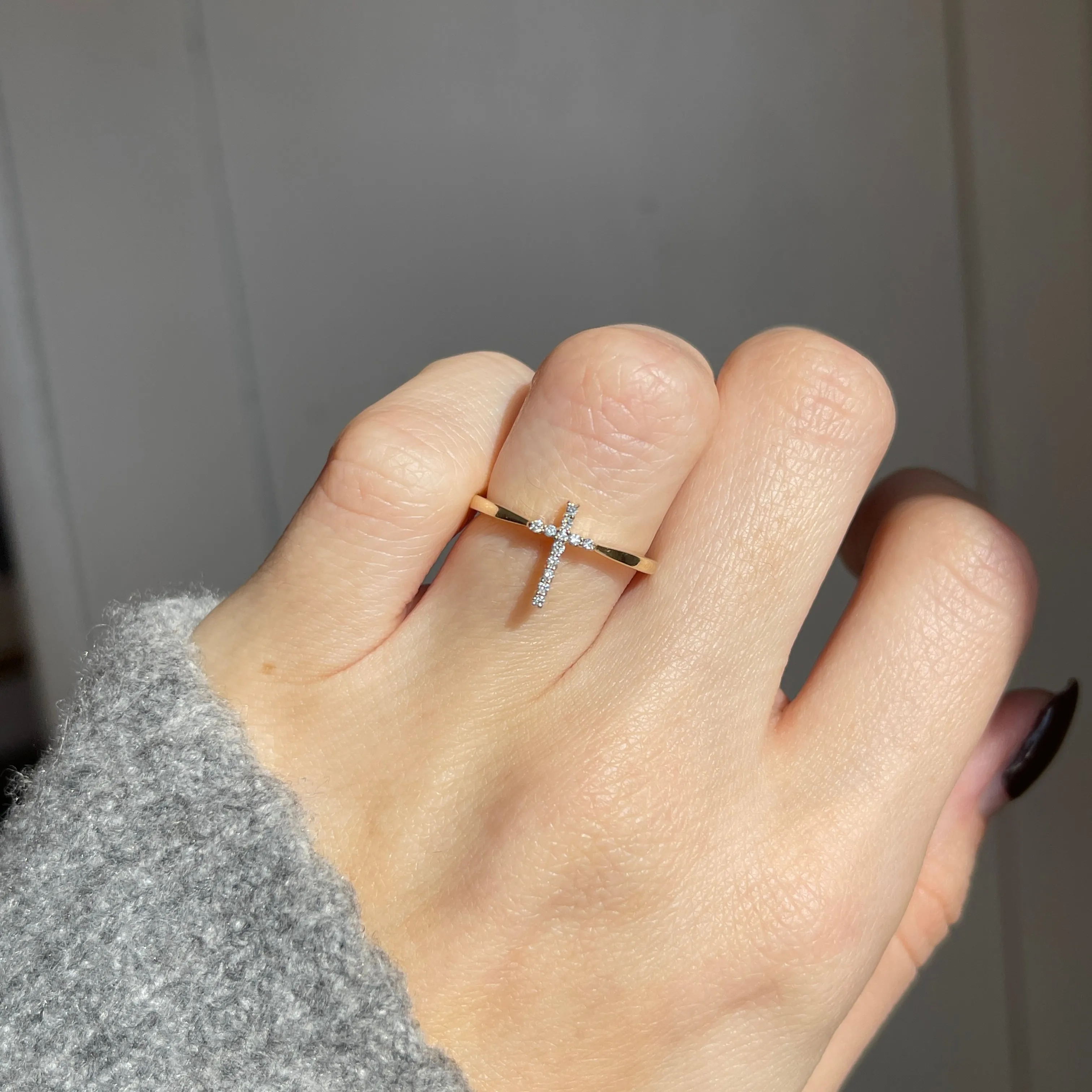 14KT Yellow Gold Pave Diamond Sleek Cross Ring