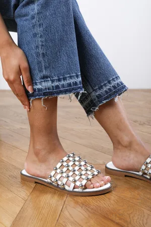 Audrey Silver Dome Detail Slider in White Faux Leather