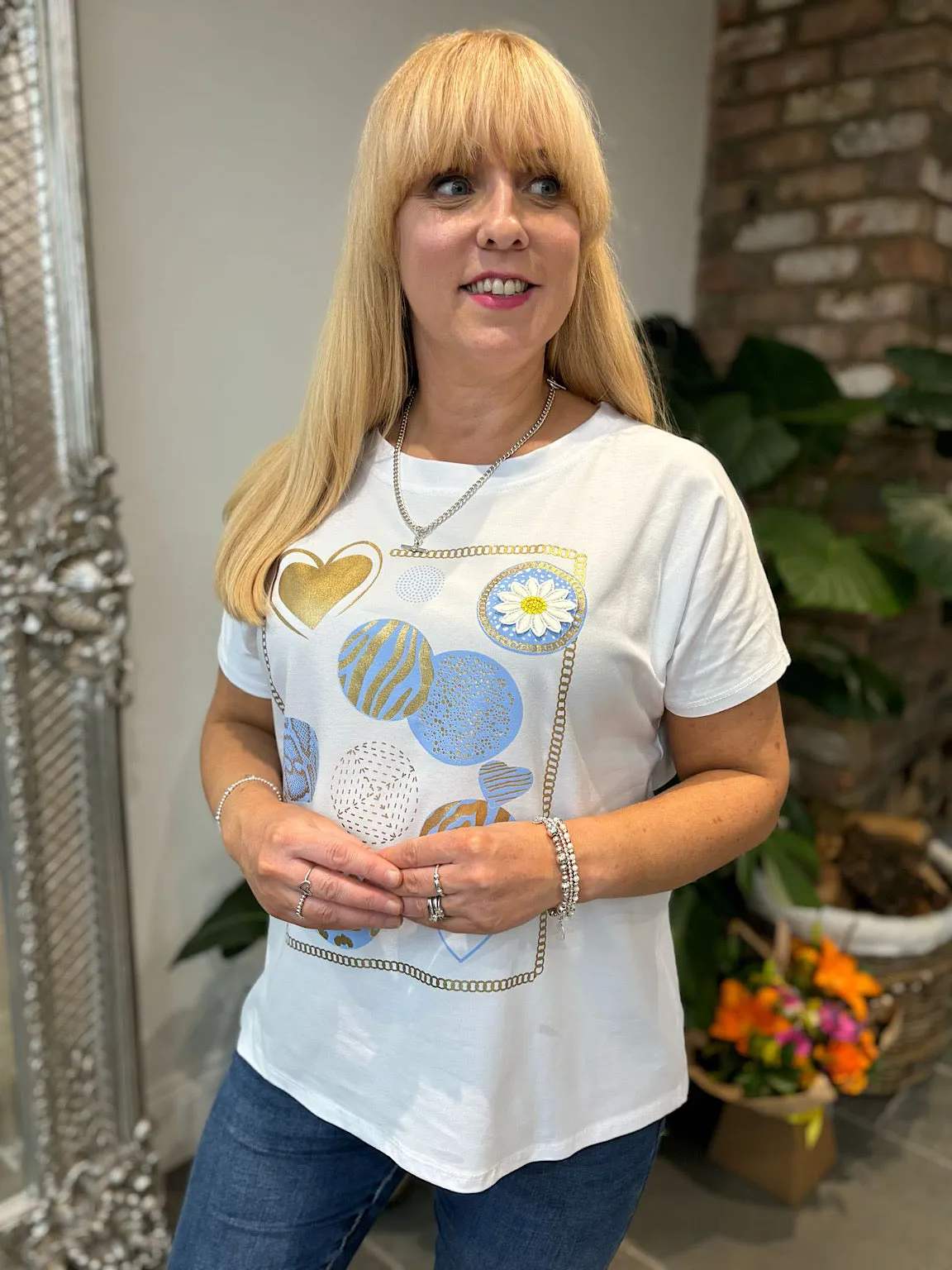 Blue Metallic Multi Pattern T-Shirt Fiona