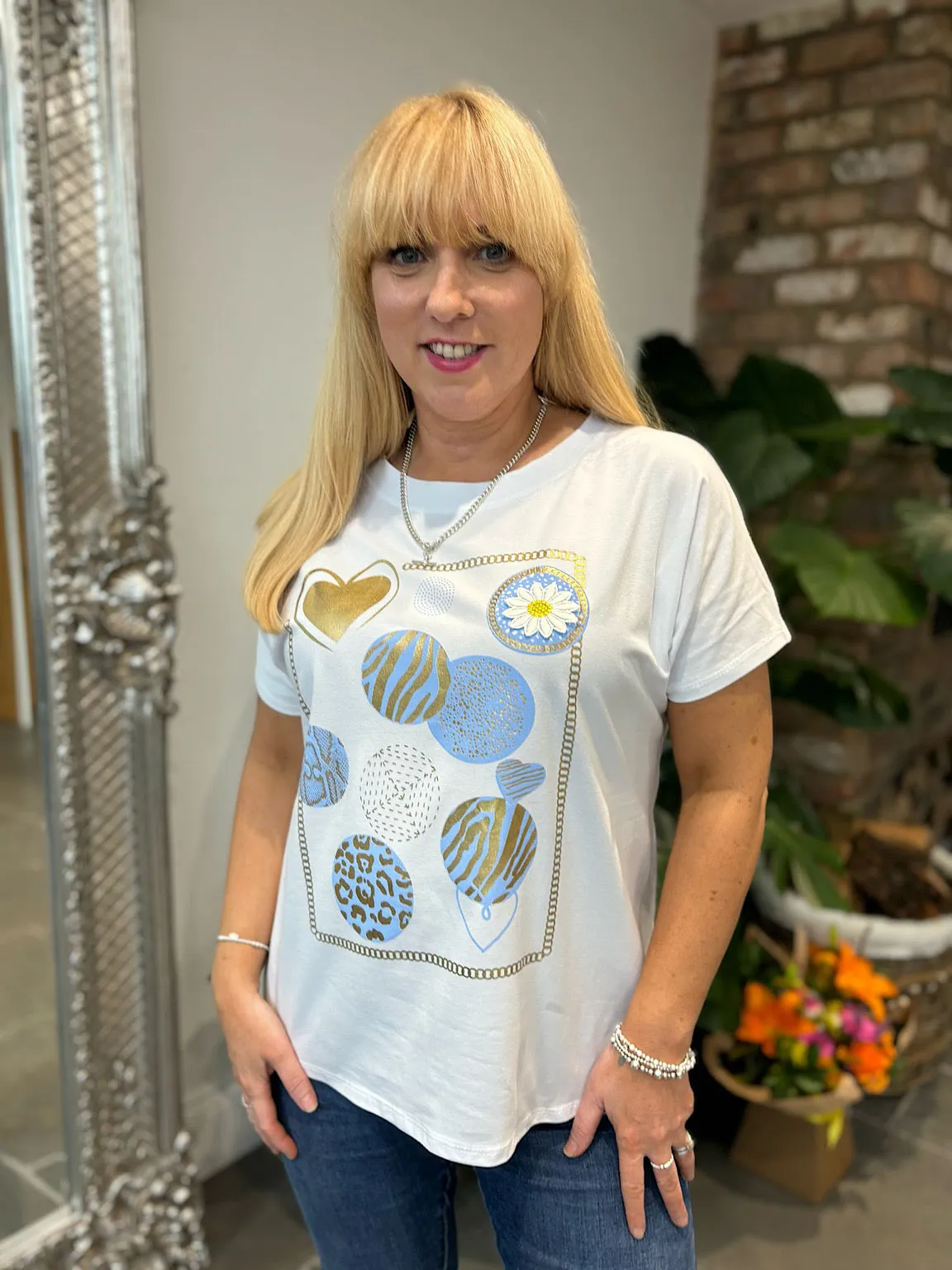 Blue Metallic Multi Pattern T-Shirt Fiona