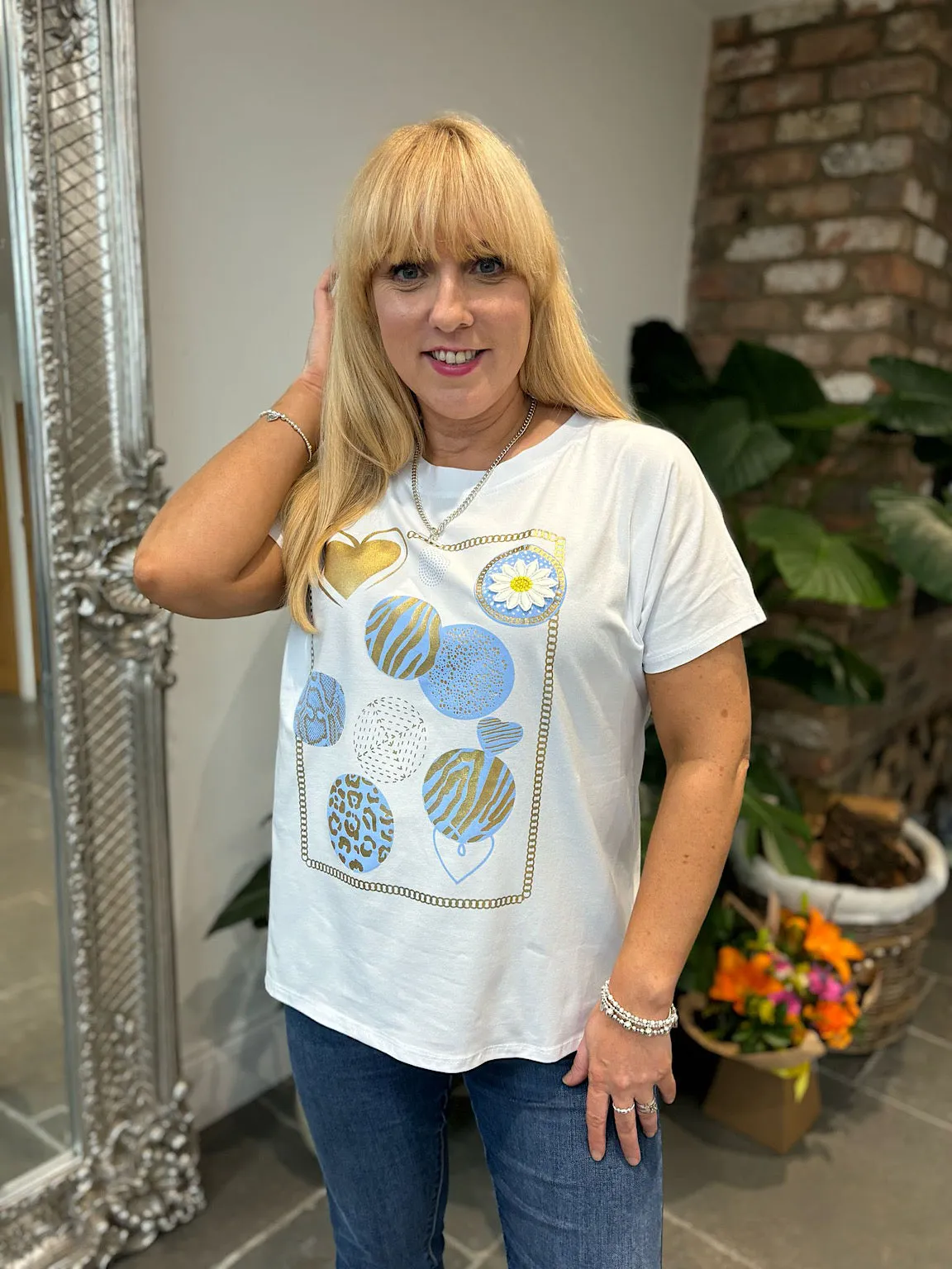 Blue Metallic Multi Pattern T-Shirt Fiona