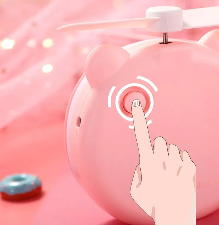 Cartoon Pig Portable LED Fill Light Makeup Mirror Fan USB Charging Portable Handheld Mini Fan  Open eyes_General purpose