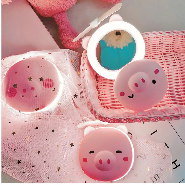 Cartoon Pig Portable LED Fill Light Makeup Mirror Fan USB Charging Portable Handheld Mini Fan  Open eyes_General purpose