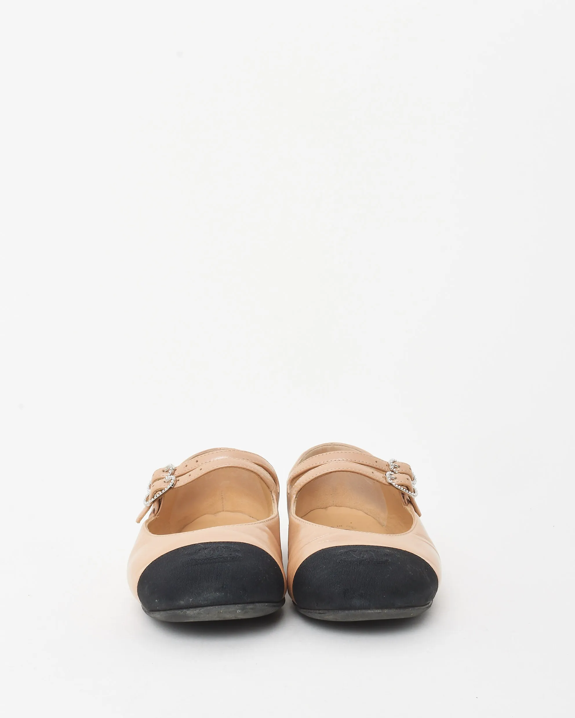 Chanel Beige Leather & Black CC Cap Toe Mary Jane Ballet Flats - 37