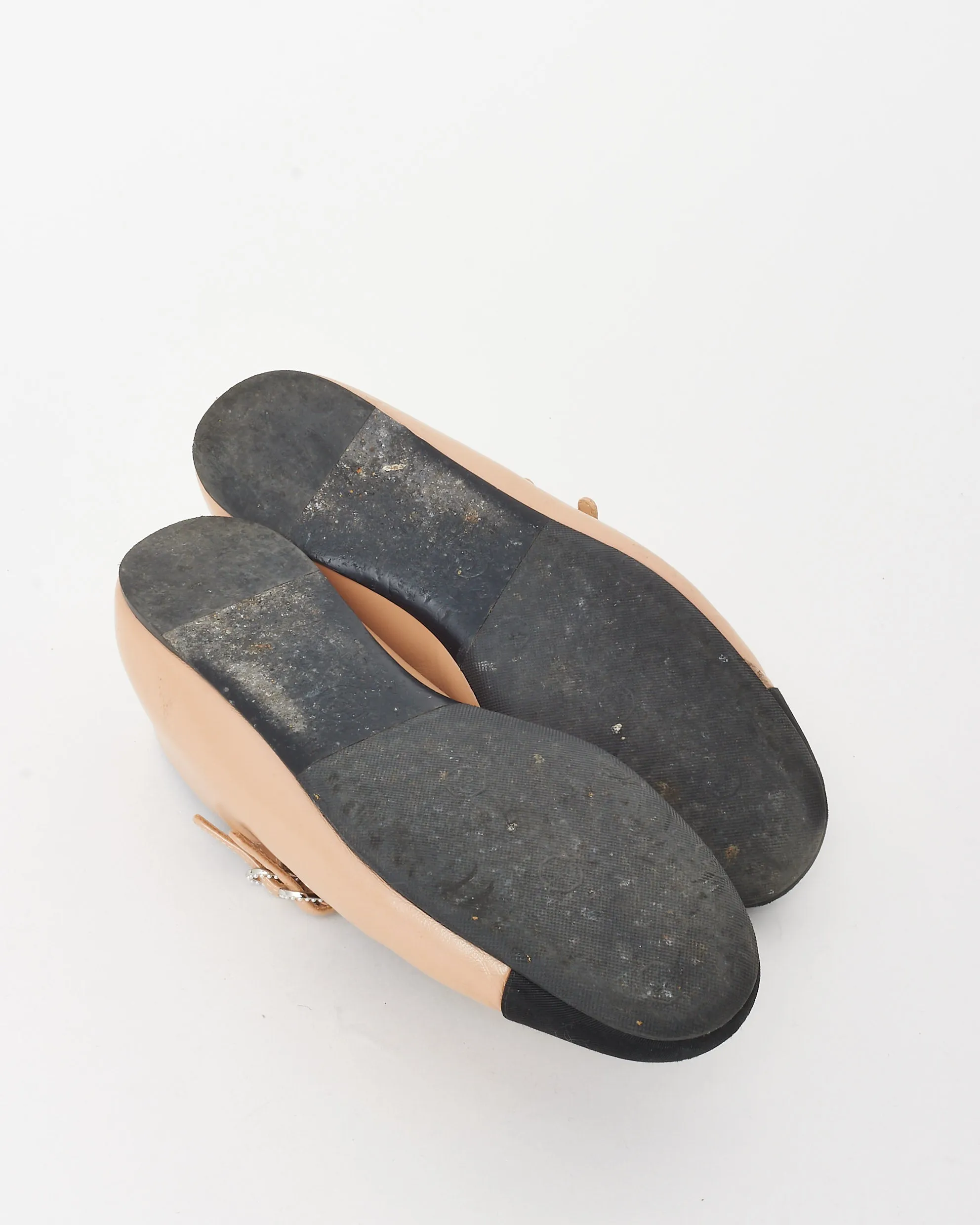 Chanel Beige Leather & Black CC Cap Toe Mary Jane Ballet Flats - 37