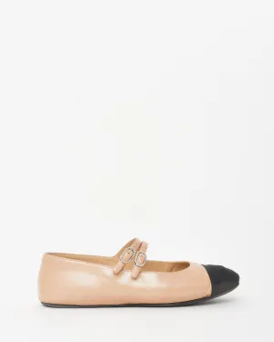 Chanel Beige Leather & Black CC Cap Toe Mary Jane Ballet Flats - 37