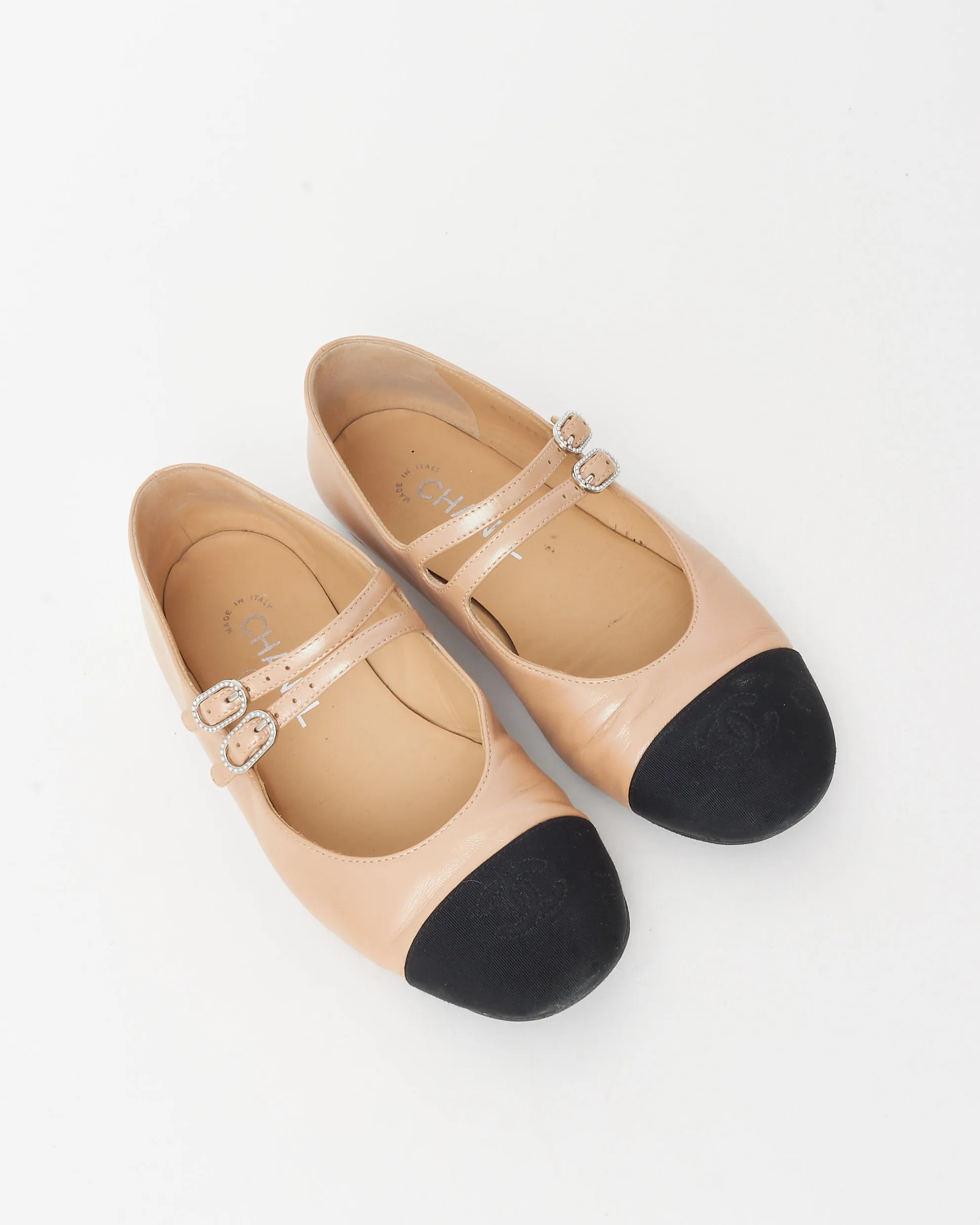 Chanel Beige Leather & Black CC Cap Toe Mary Jane Ballet Flats - 37