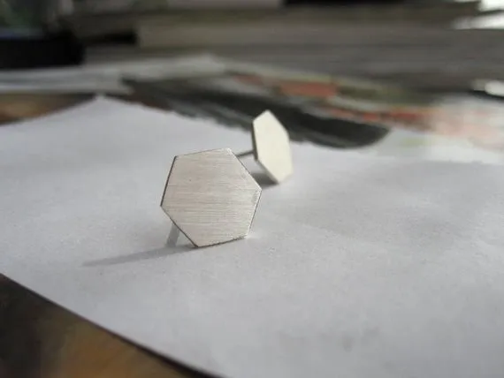 Classically Modern Design - Hand-Made Thin Sterling Silver Flat Hexagon Studs - 0045