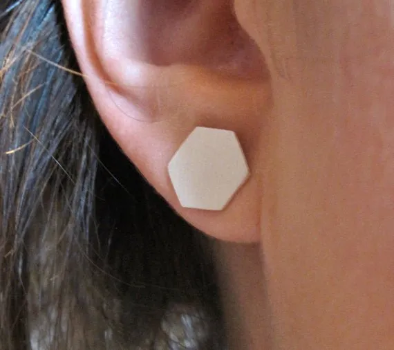 Classically Modern Design - Hand-Made Thin Sterling Silver Flat Hexagon Studs - 0045