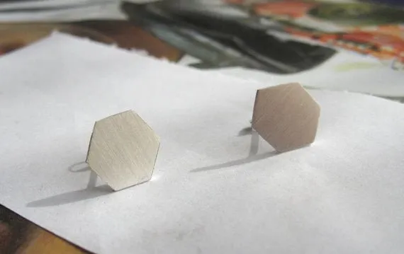 Classically Modern Design - Hand-Made Thin Sterling Silver Flat Hexagon Studs - 0045