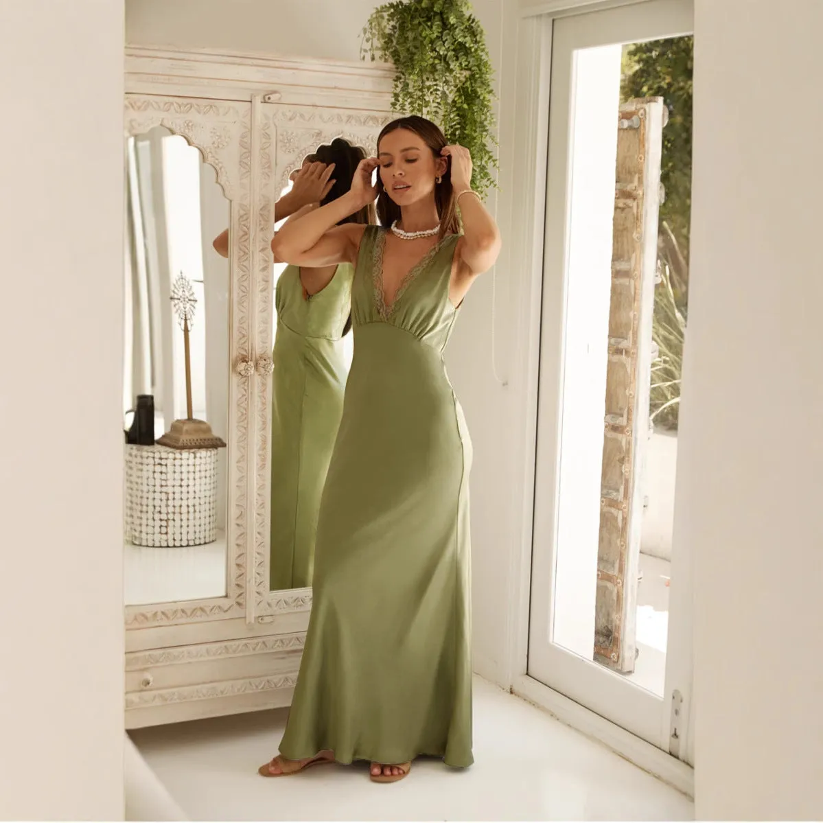 Elegant Satin Lace-Trimmed V-Neck Sleeveless Maxi Dress