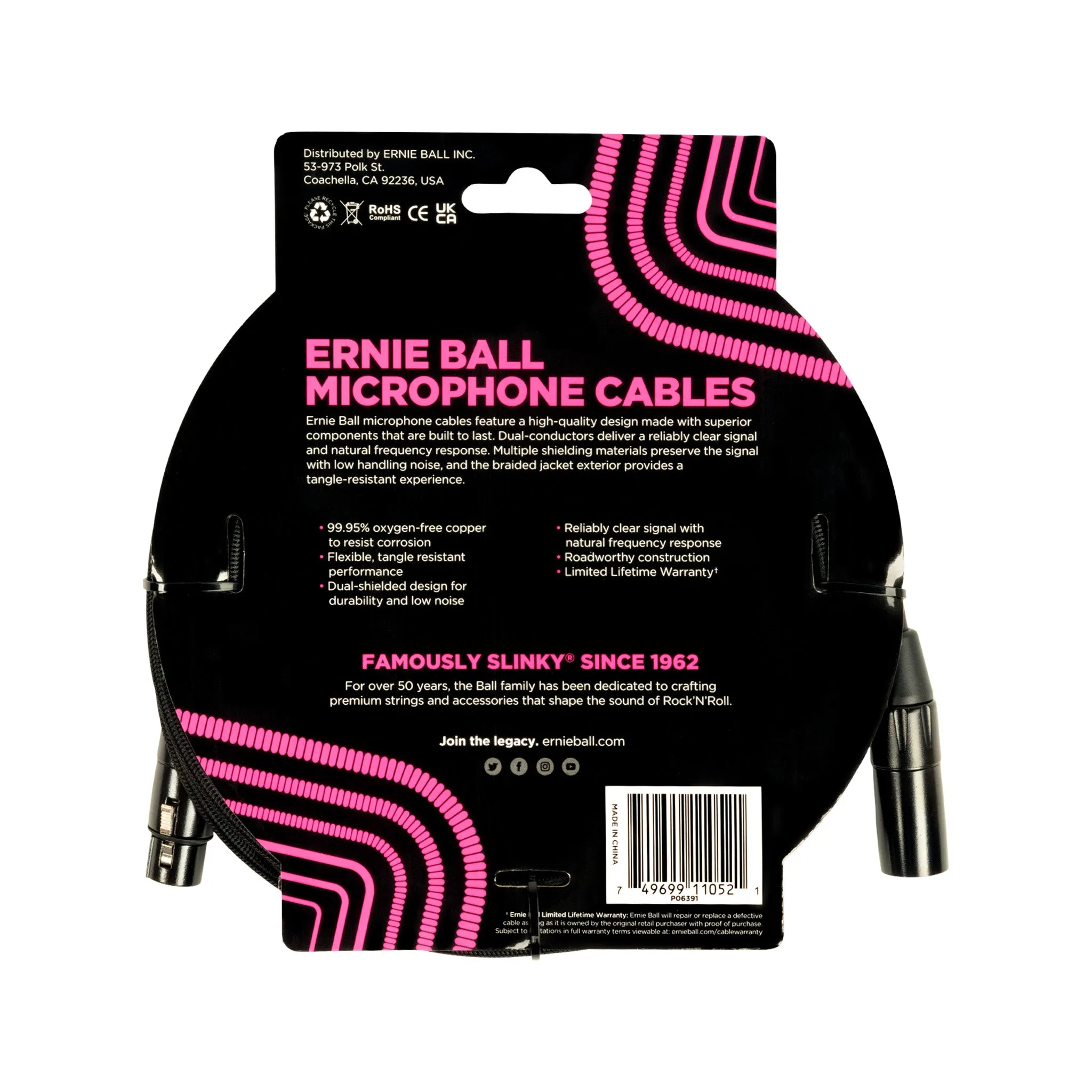 Ernie Ball 15FT Braided Male to Female XLR Microphone Cable, Black