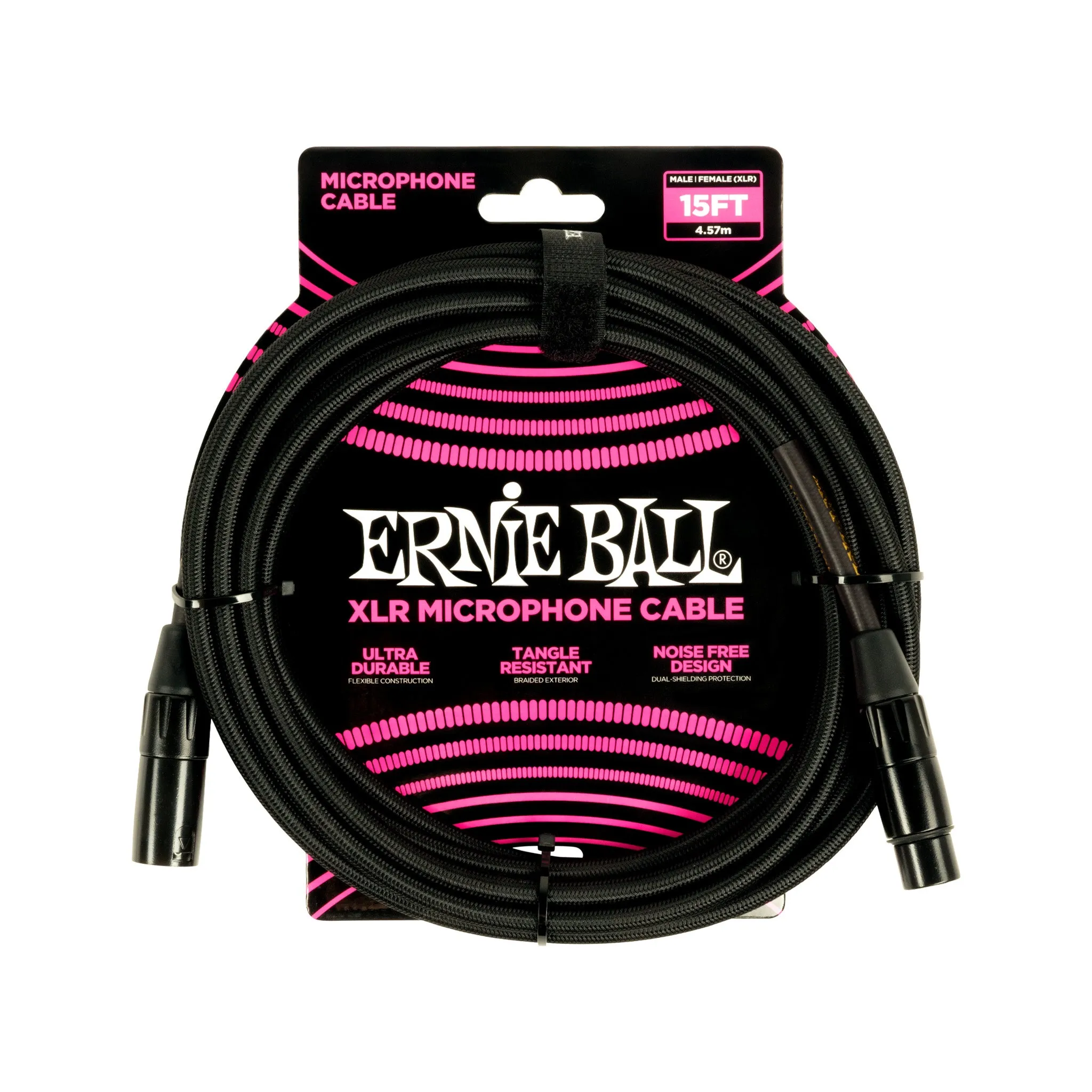 Ernie Ball 15FT Braided Male to Female XLR Microphone Cable, Black