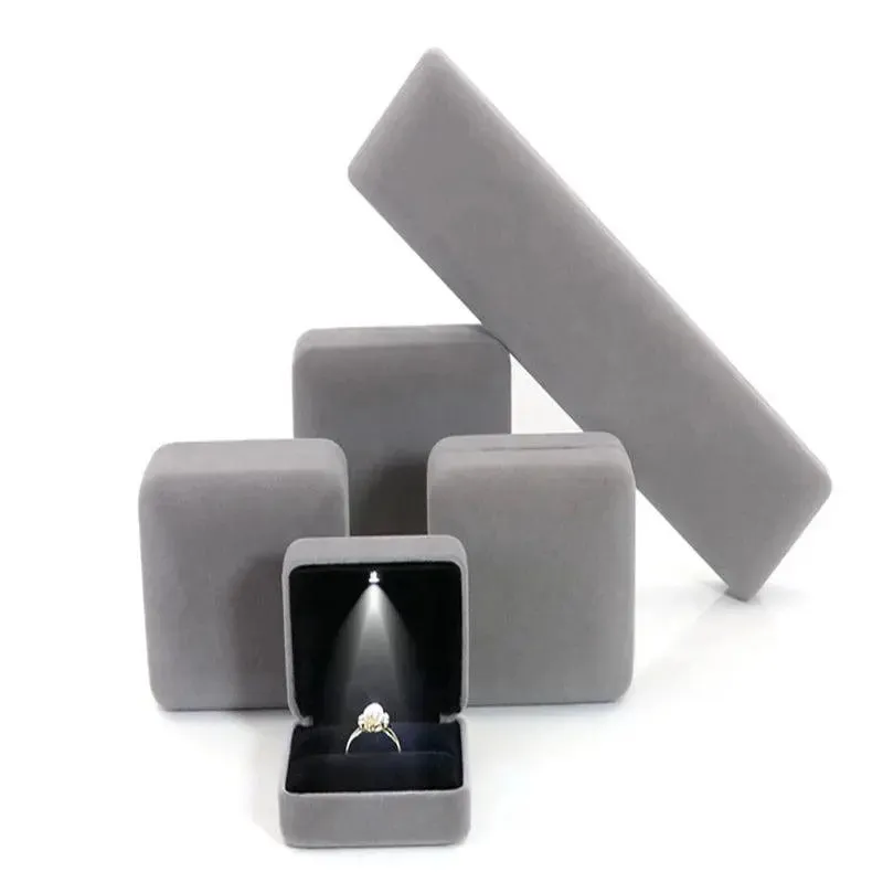 Flannel LED Light Jewelry Box Gift Wedding Velvet Ring Pendant Earring Display Storage Leather Jewellery Boxes Packaging