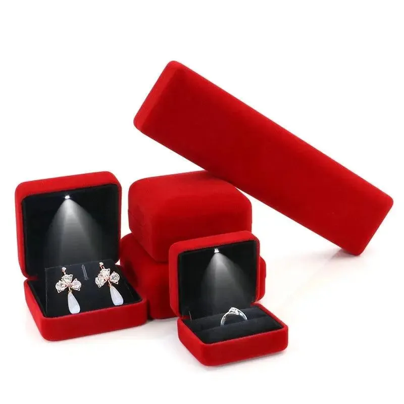 Flannel LED Light Jewelry Box Gift Wedding Velvet Ring Pendant Earring Display Storage Leather Jewellery Boxes Packaging
