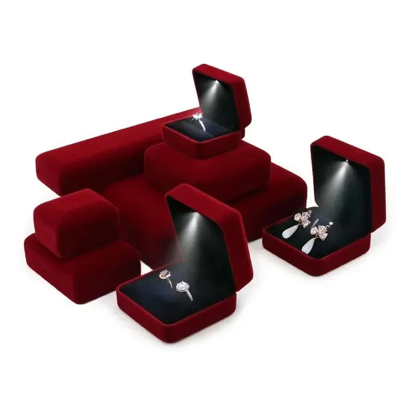 Flannel LED Light Jewelry Box Gift Wedding Velvet Ring Pendant Earring Display Storage Leather Jewellery Boxes Packaging