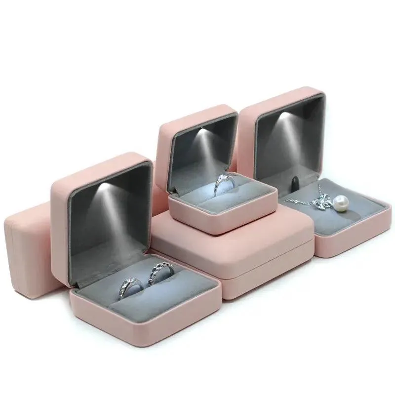 Flannel LED Light Jewelry Box Gift Wedding Velvet Ring Pendant Earring Display Storage Leather Jewellery Boxes Packaging