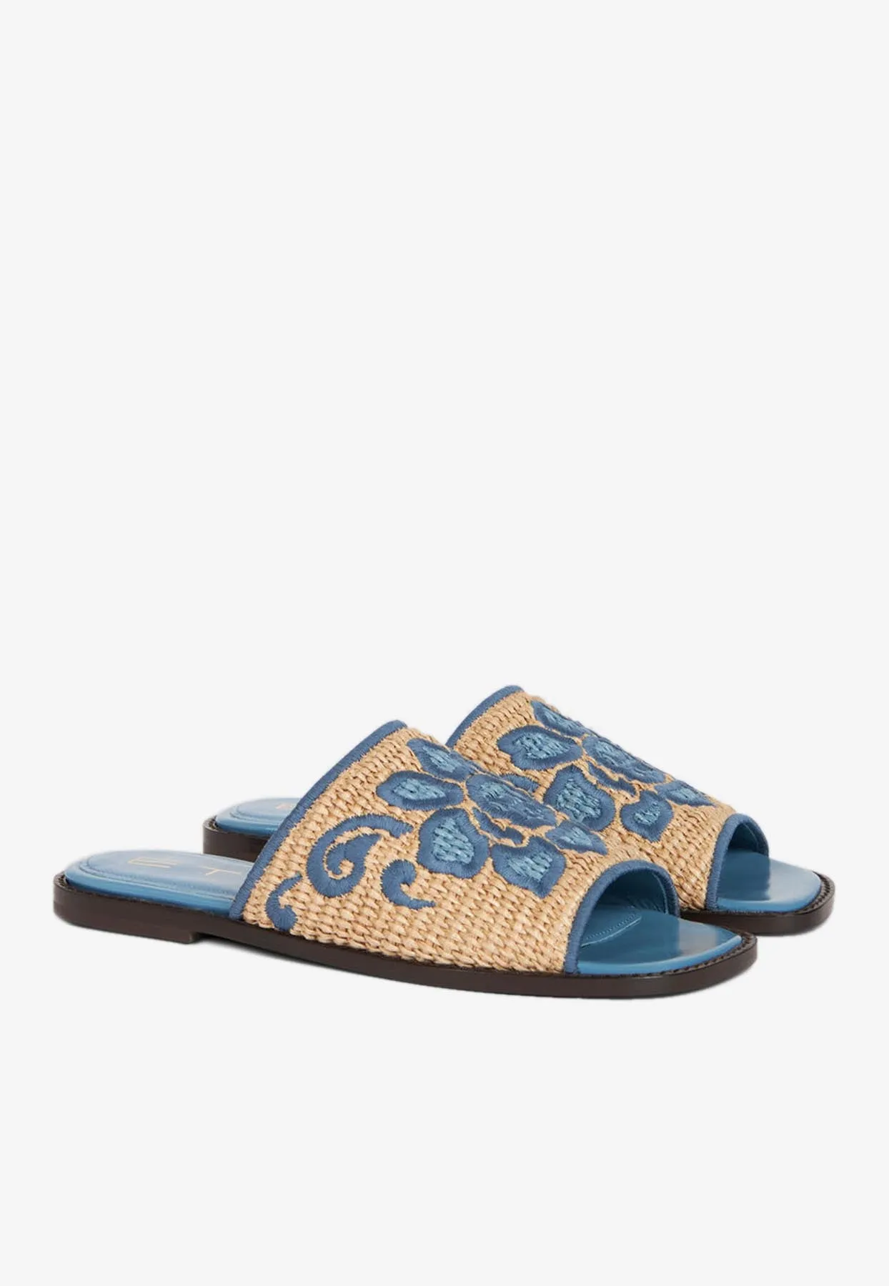 Floral Embroidered Woven-Raffia Slides