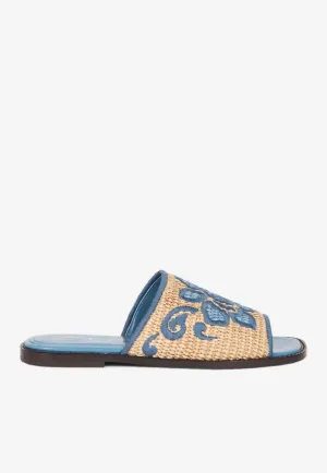 Floral Embroidered Woven-Raffia Slides