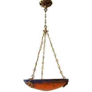 French Schneider Art Glass Bowl Hanging Pendant Light