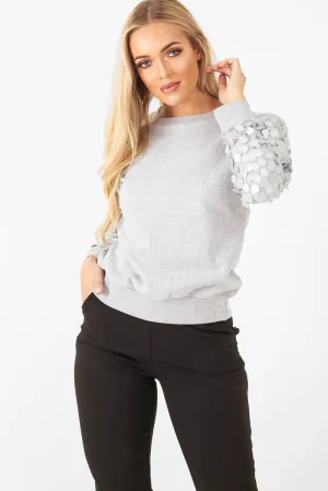 Grey Sequin Sleeve Sweatshirt  - Tasmin