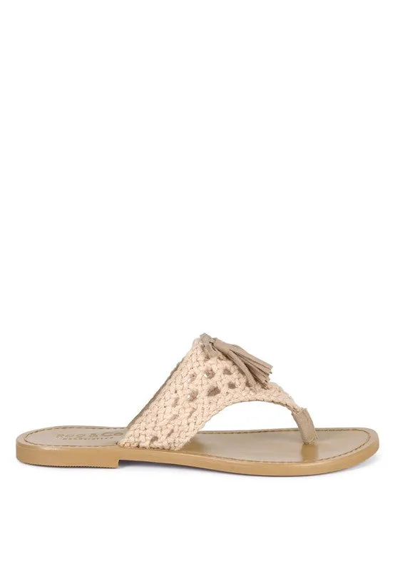 HANDWOVEN NATURAL SUEDE TASSEL THONG FLATS