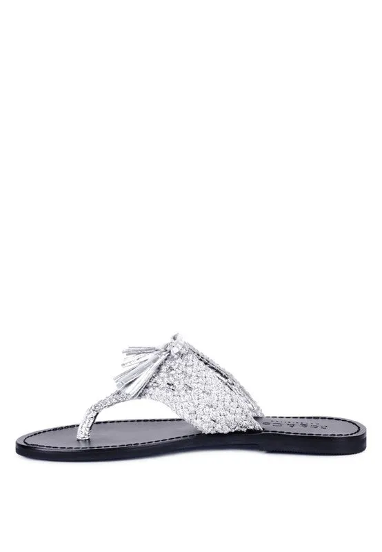 HANDWOVEN NATURAL SUEDE TASSEL THONG FLATS