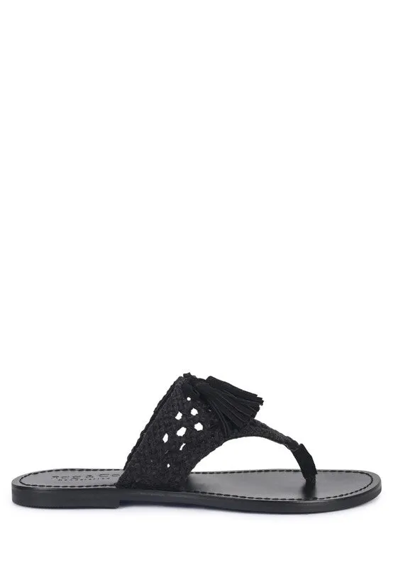 HANDWOVEN NATURAL SUEDE TASSEL THONG FLATS