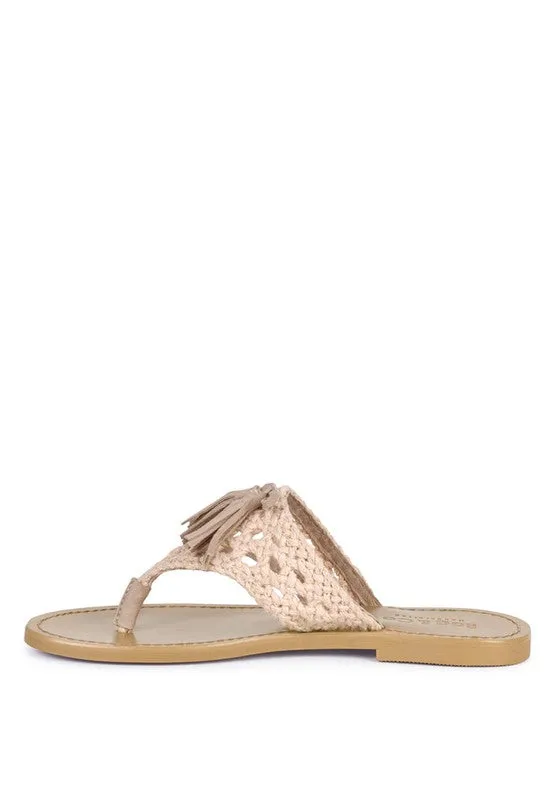 HANDWOVEN NATURAL SUEDE TASSEL THONG FLATS