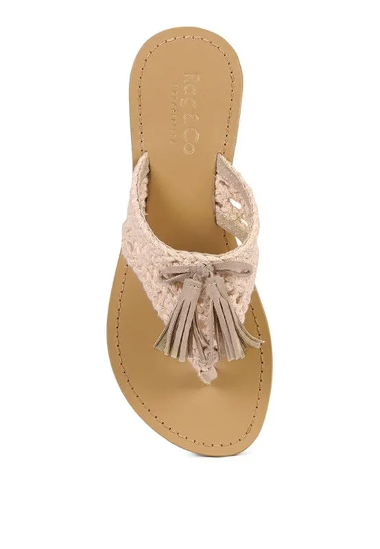 HANDWOVEN NATURAL SUEDE TASSEL THONG FLATS