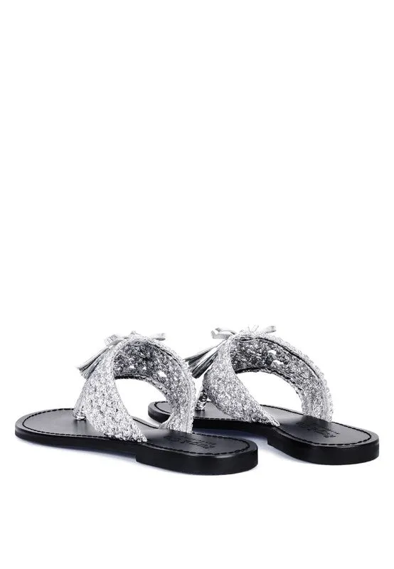 HANDWOVEN NATURAL SUEDE TASSEL THONG FLATS