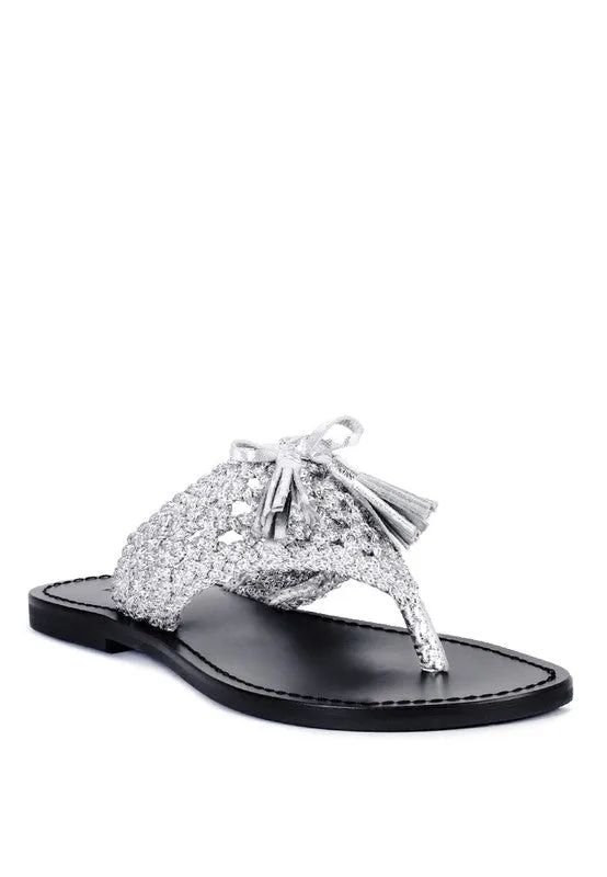 HANDWOVEN NATURAL SUEDE TASSEL THONG FLATS
