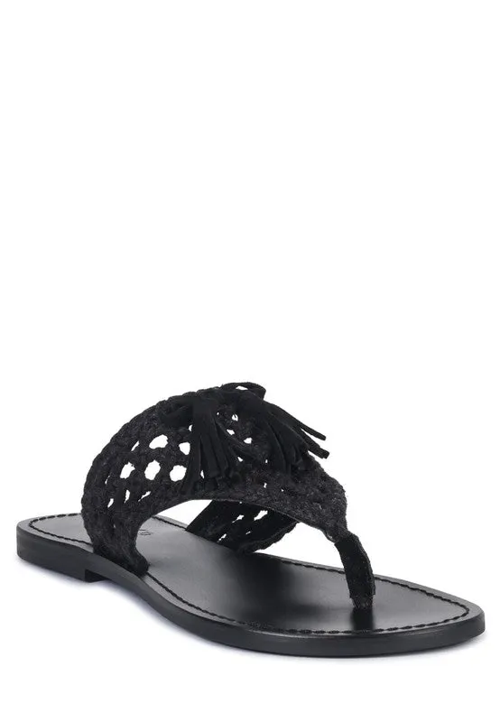 HANDWOVEN NATURAL SUEDE TASSEL THONG FLATS
