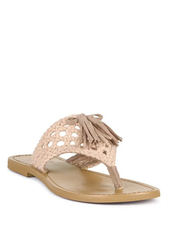 HANDWOVEN NATURAL SUEDE TASSEL THONG FLATS