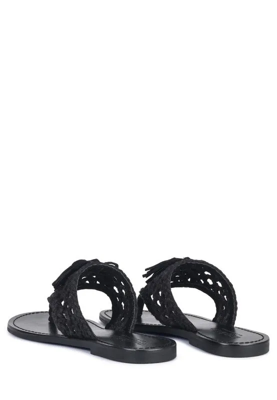 HANDWOVEN NATURAL SUEDE TASSEL THONG FLATS