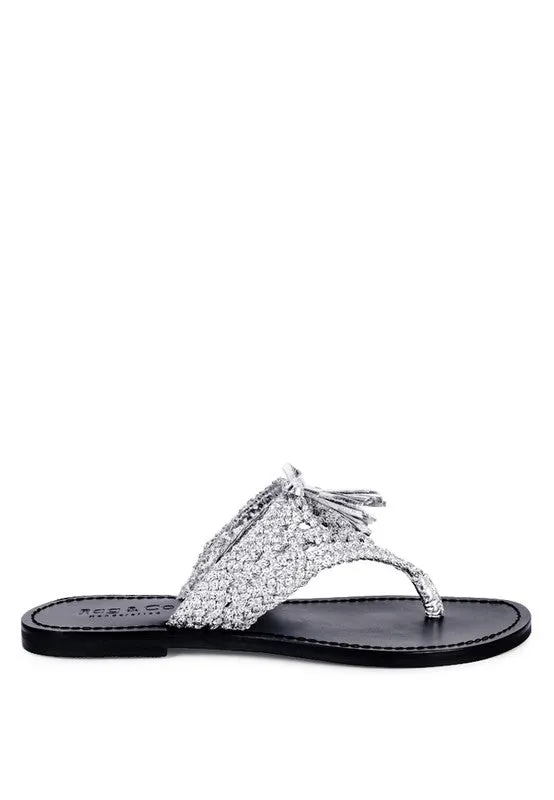HANDWOVEN NATURAL SUEDE TASSEL THONG FLATS