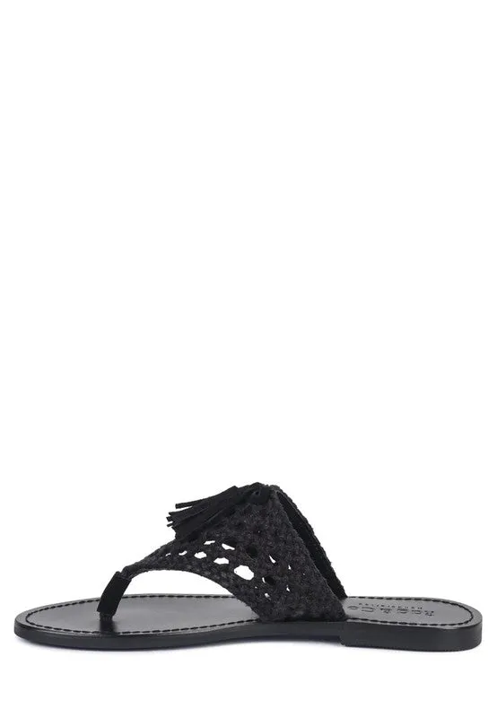 HANDWOVEN NATURAL SUEDE TASSEL THONG FLATS