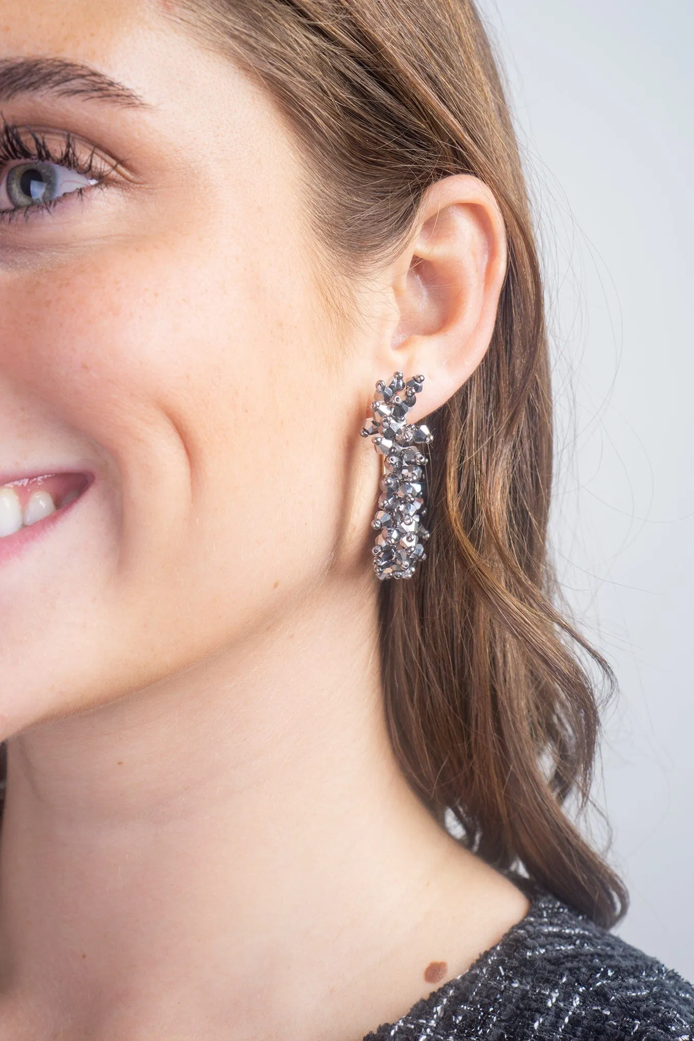 Hematite 40mm Metal and Beads Hoop Earring