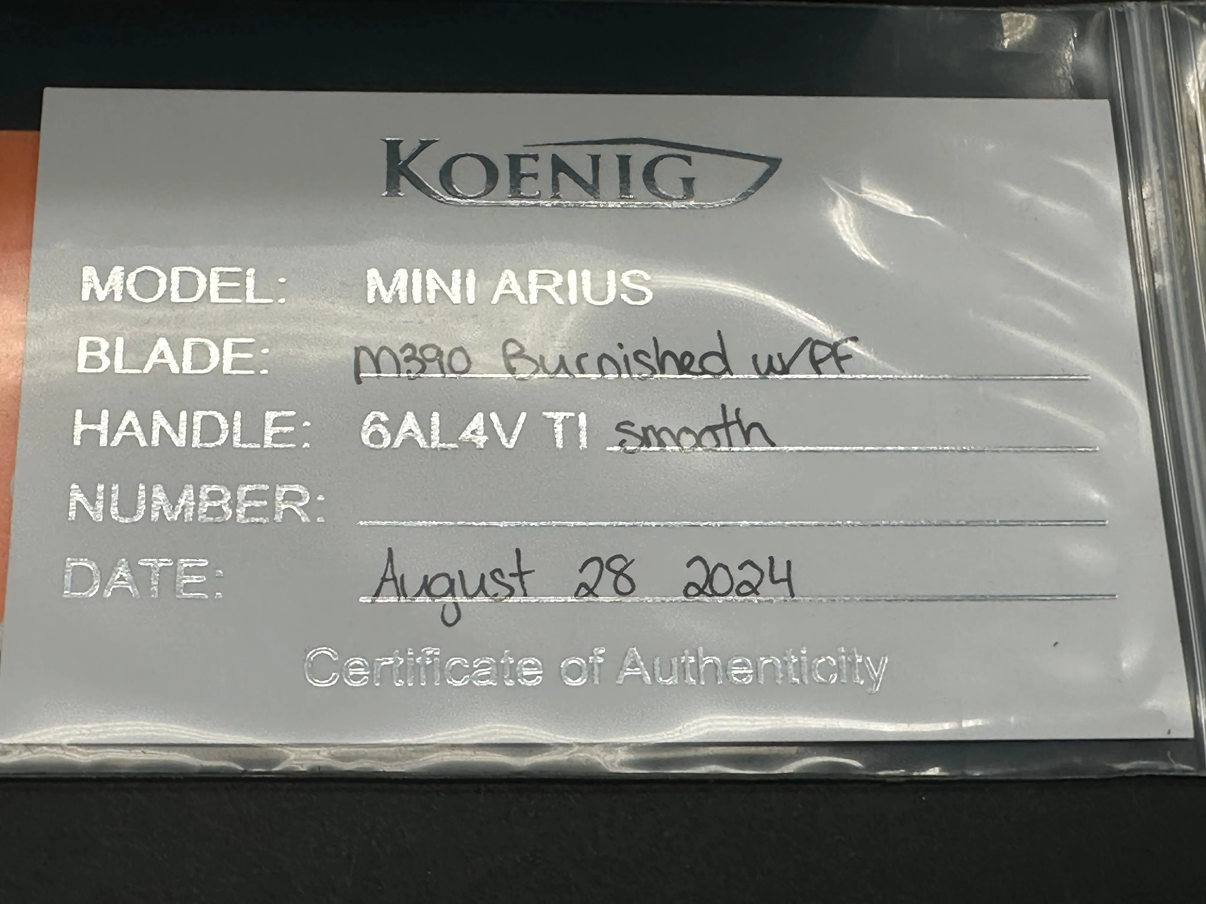 Koenig Mini Arius, M390 Blade - Burnished with Polished Flats, Smooth Ti Handles