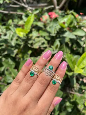 Lace woven emerald heart and diamond ring