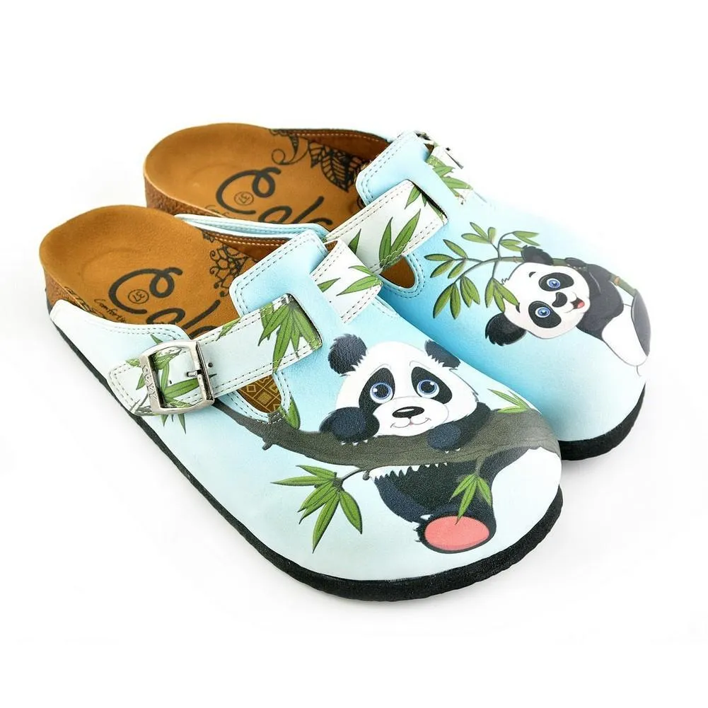 Light Blue Colored and Brown, Green Tree Leafed, Panda Patterned Clogs - WCAL362