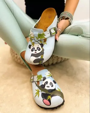 Light Blue Colored and Brown, Green Tree Leafed, Panda Patterned Clogs - WCAL362