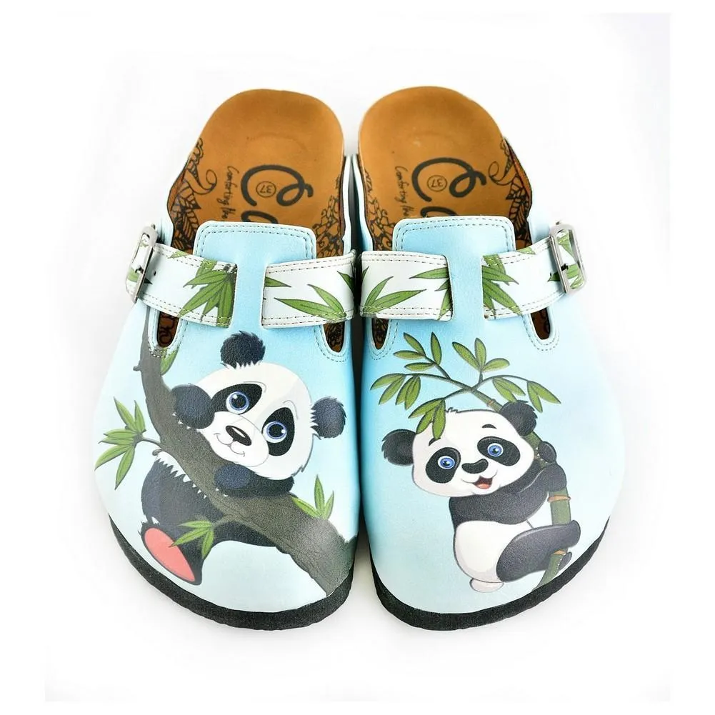 Light Blue Colored and Brown, Green Tree Leafed, Panda Patterned Clogs - WCAL362