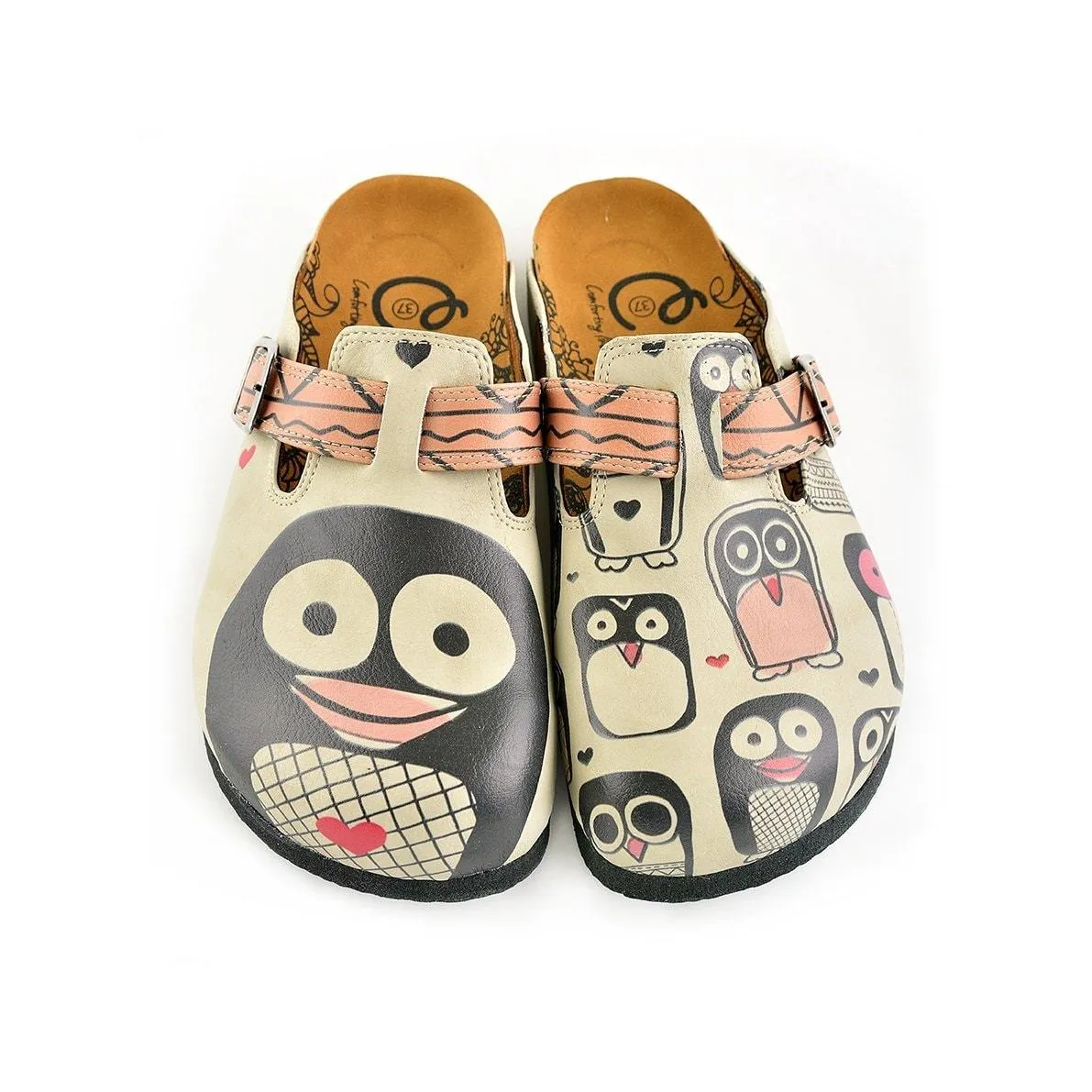 Light Pink, Black Striped and Black Cute Penguins Patterned Clogs - CAL347