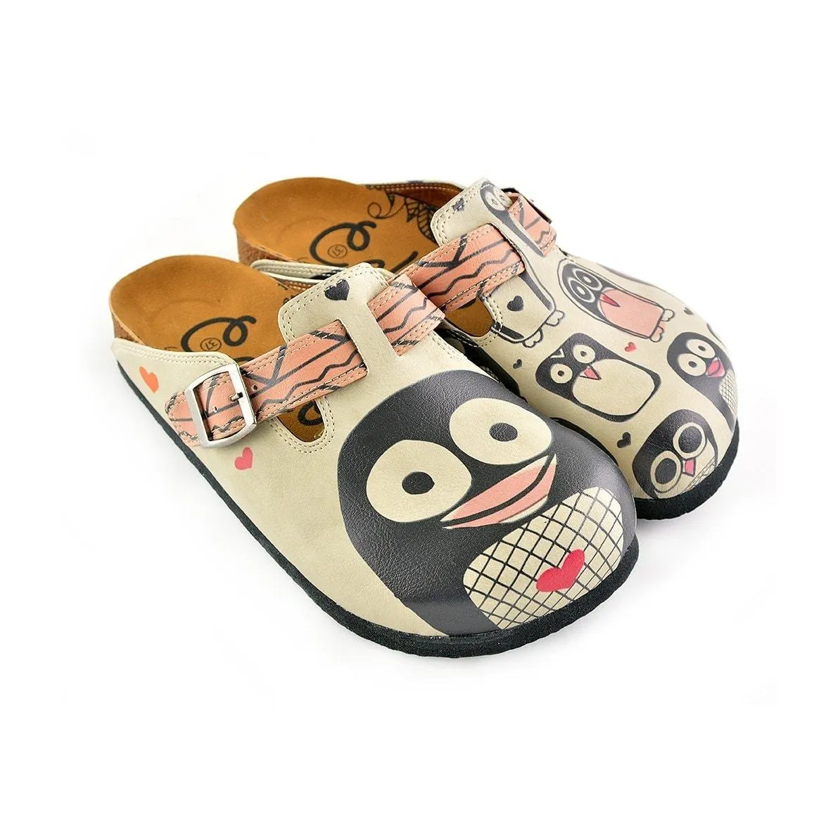 Light Pink, Black Striped and Black Cute Penguins Patterned Clogs - CAL347