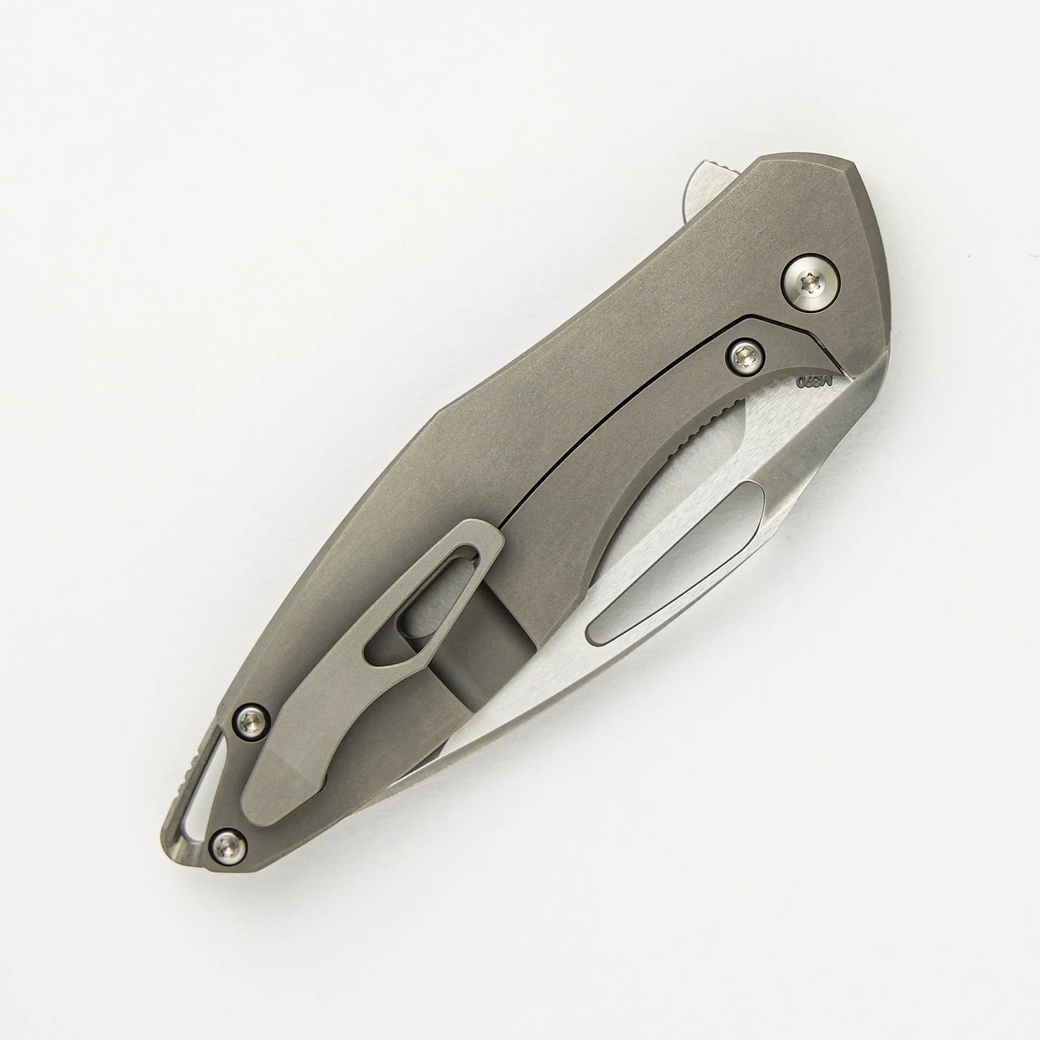 Mini Arius - Smooth Titanium Handle - Silver Hardware -  Burnished W/ Polished Flats M390 Blade