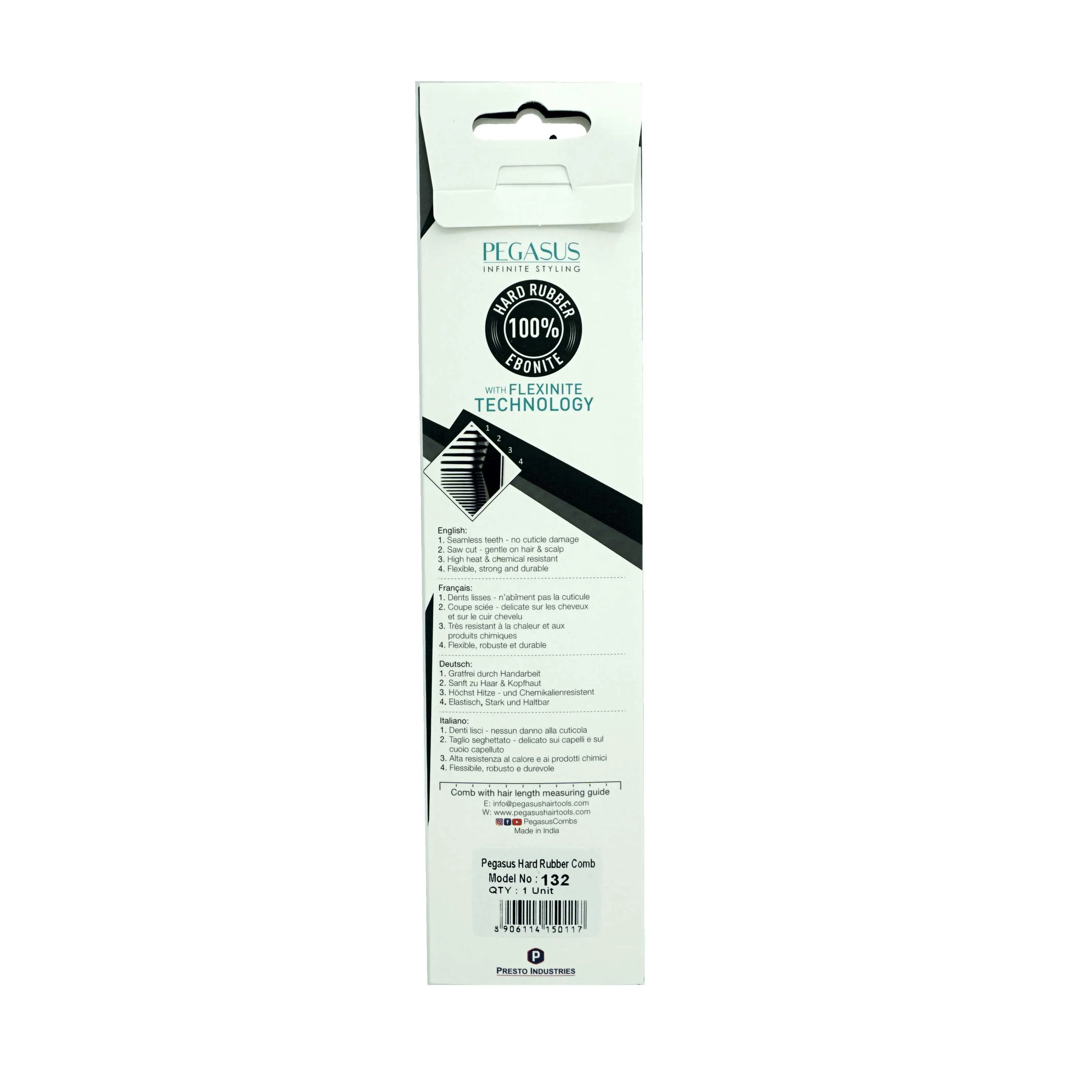 Pegasus 132, 8.5in Hard Rubber Course Tooth Rat Tail Comb with Sectioning, Smooth Edges, Anti Static, Heat and Chemically Resistant, Great for Parting, Coloring Hair | Peines de goma dura - Black
